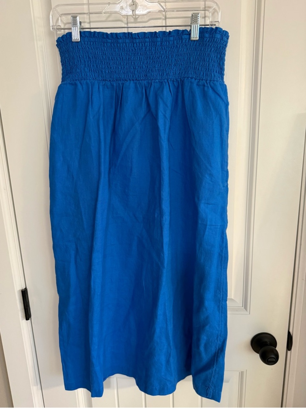 100% Linen Midi Skirt Women’s L Boho Flowy Elastic Waist Bright Blue Summer NWOT